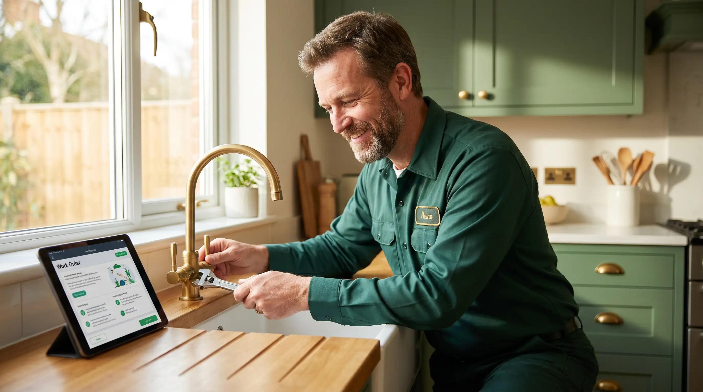 A technician repairing a kitchen faucet