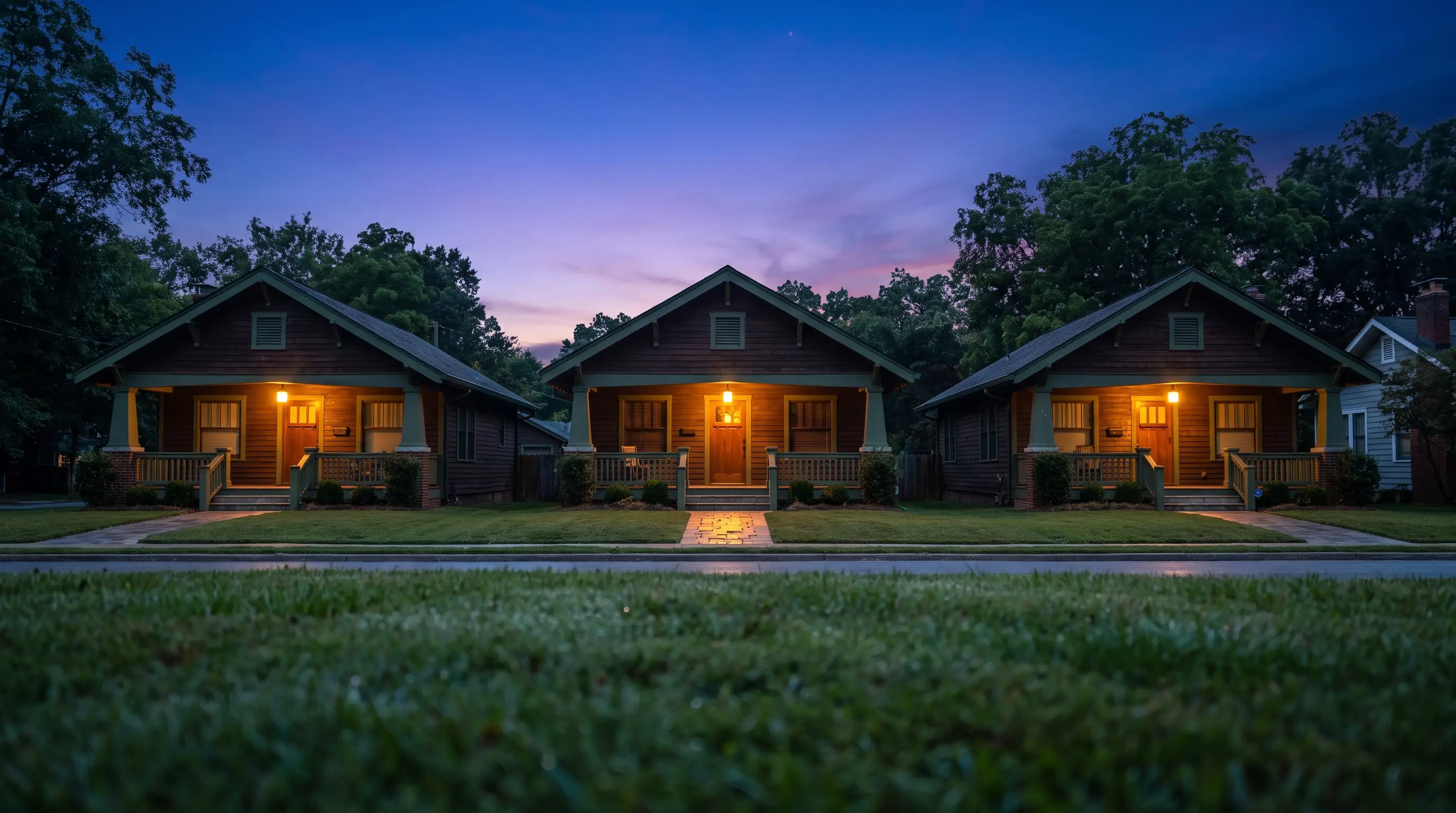 Three rental homes lit at dusk